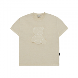 BEAR APPLIQUE PIGMENT WASHING SHORT SLEEVE T-SHIRT BEIGE