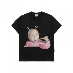 BRUSHING TEETH GIRL BABY FACE SHORT SLEEVE T-SHIRT (OVERSEAS EXCLUSIVE) BLACK